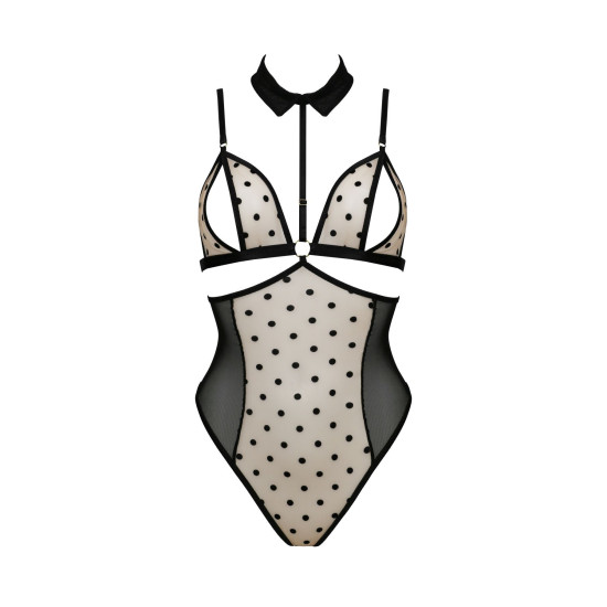 Боди с открытой грудью, воротником-чокером и корсетом, бежевое Passion Dominica Body Beige, S/M