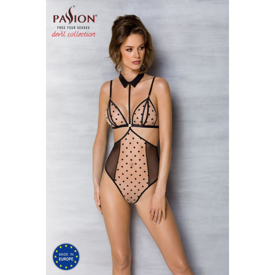 Боди с открытой грудью, воротником-чокером и корсетом, бежевое Passion Dominica Body Beige, S/M