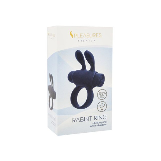 Эрекционное виброкольцо со съемной вибропулей и ушками, черное S Pleasures Premium Rabbit Ring