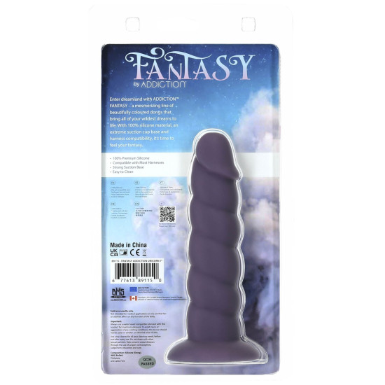 Фаллоимитатор, длина 18 см, вибропуля в подарок, фиолетовый Fantasy By Addiction Unicorn Dildo Purple, 7 inch