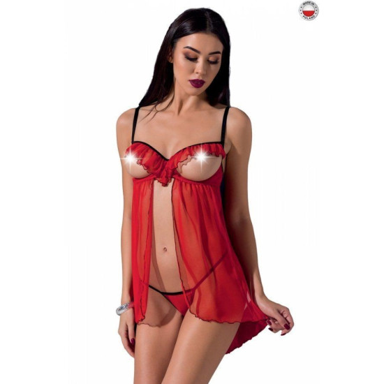 Прозорий пеньюар з відкритими грудьми і трусиками, червоний Cherry Chemise Passion Exclusive, XXL/XXXL