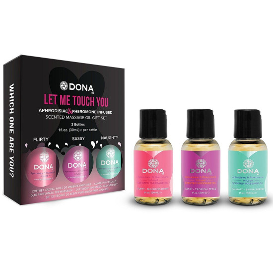 Набор массажных масел с афродизиаками и феромонами DONA LET ME TOUCH YOU, 3 x 30 ml