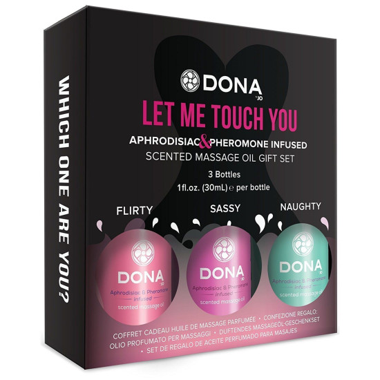 Набор массажных масел с афродизиаками и феромонами DONA LET ME TOUCH YOU, 3 x 30 ml