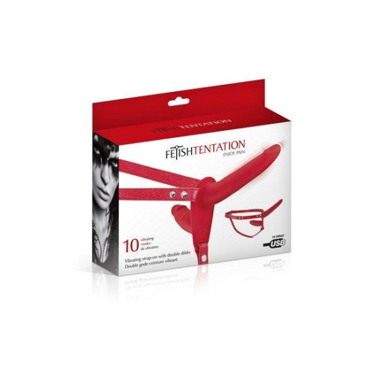 Двухсторонний страпон с вибрацией, красный Fetish Tentation Vibrating Strap-On with Double Dildo Red