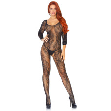 Бодістокінг з ажурної тканини з відкритим доступом, чорний Leg Avenue Swirl Lace Bodystocking Black, One Size