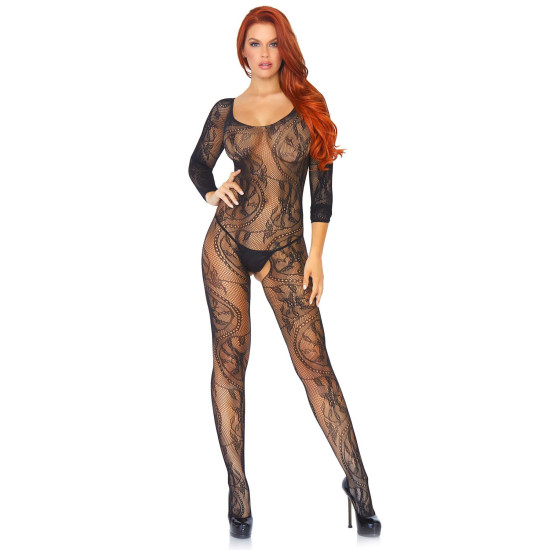 Бодістокінг з ажурної тканини з відкритим доступом, чорний Leg Avenue Swirl Lace Bodystocking Black, One Size