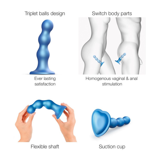 Насадка для страпона з кулями і металевим блиском, синя Strap-On-Me Dildo Plug Balls Blue Metallic, L