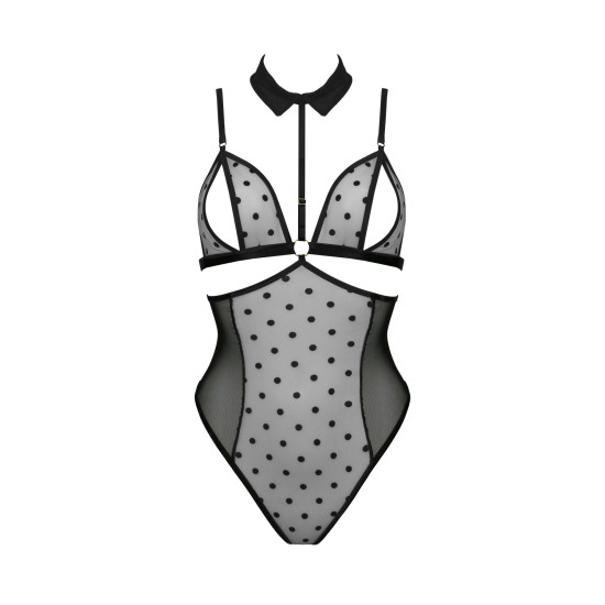 Боди с открытой грудью, воротником-чокером и корсетом, чёрное Passion Dominica Body Black, S/M