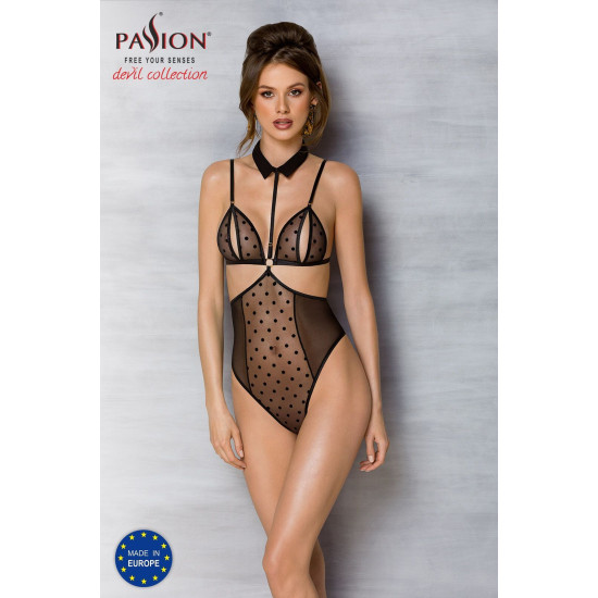 Боди с открытой грудью, воротником-чокером и корсетом, чёрное Passion Dominica Body Black, S/M