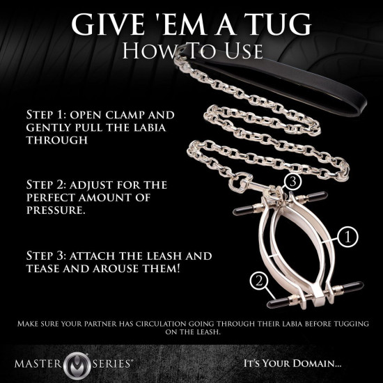 Металевий затискач для статевих губ із ланцюжком, Master Series Pussy Tugger Adjustable Vagina Clamp with Chain