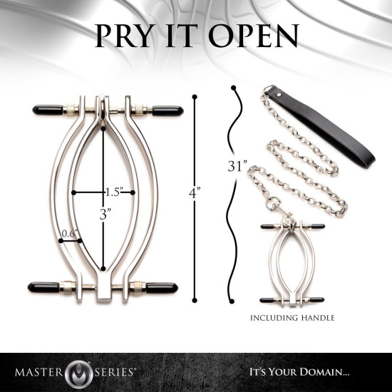 Металевий затискач для статевих губ із ланцюжком, Master Series Pussy Tugger Adjustable Vagina Clamp with Chain