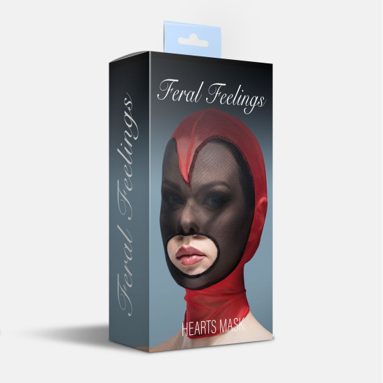 Маска-сердце из сетки с открытым ртом, красная с чёрным декором Feral Feelings Red/Black Hearts Mask