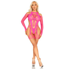 Бодістокінг із сітки з портупеєю і боді, неоново-рожевий Leg Avenue Fishnet Garter Harness And Teddy Neon Pink, One Size