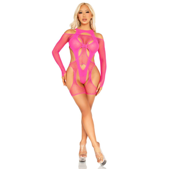 Бодістокінг із сітки з портупеєю і боді, неоново-рожевий Leg Avenue Fishnet Garter Harness And Teddy Neon Pink, One Size