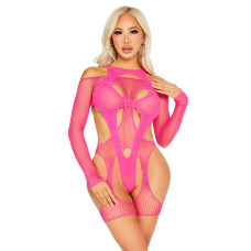 Бодістокінг із сітки з портупеєю і боді, неоново-рожевий Leg Avenue Fishnet Garter Harness And Teddy Neon Pink, One Size