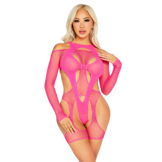 Бодістокінг із сітки з портупеєю і боді, неоново-рожевий Leg Avenue Fishnet Garter Harness And Teddy Neon Pink, One Size