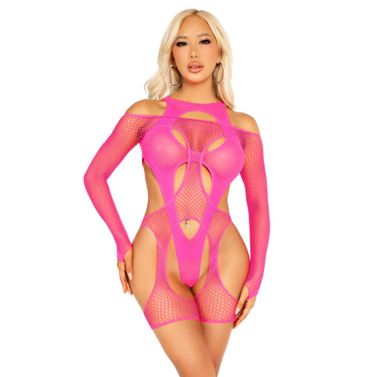 Бодістокінг із сітки з портупеєю і боді, неоново-рожевий Leg Avenue Fishnet Garter Harness And Teddy Neon Pink, One Size
