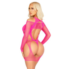 Бодістокінг із сітки з портупеєю і боді, неоново-рожевий Leg Avenue Fishnet Garter Harness And Teddy Neon Pink, One Size