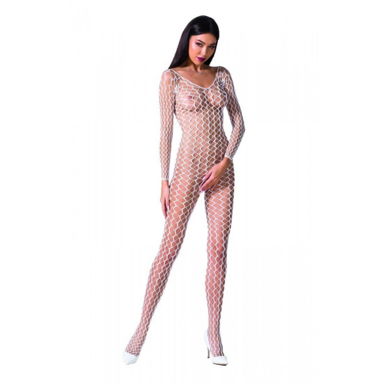 Бодистокинг-комбинезон из крупной сетки с длинным рукавом, белый Passion BS068 White