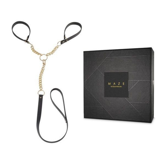 Наручники с поводком из экокожи, черные, в подарочной упаковке Indiscrets Maze T-Restraints Black