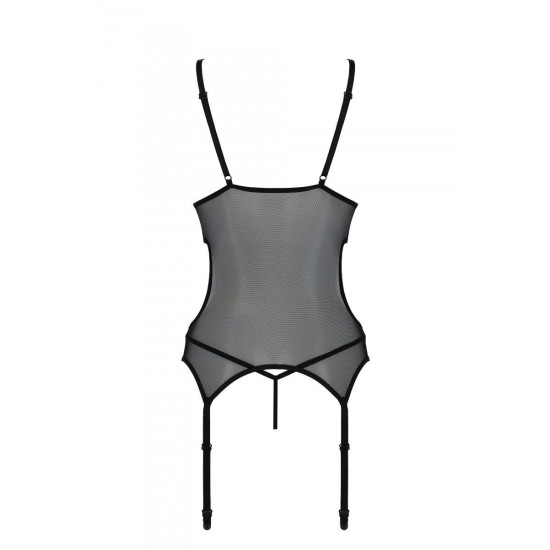 Корсет з підв'язками і ажурним ліфом, стринги в комплекті, чорний Passion Christa Corset Black, L/XL