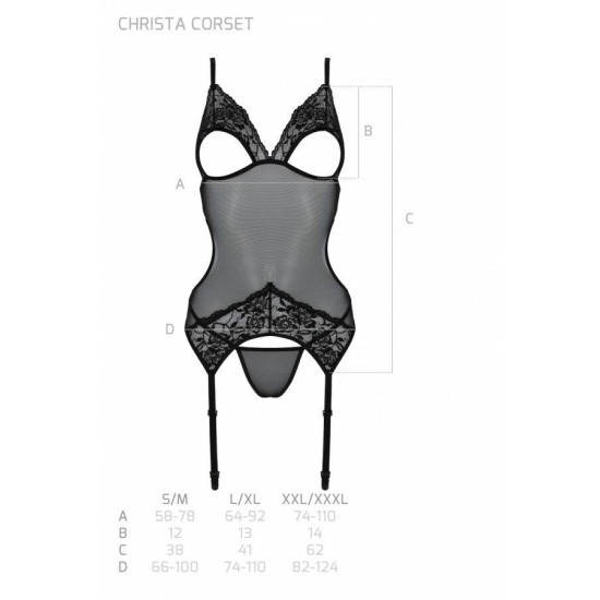 Корсет з підв'язками і ажурним ліфом, стринги в комплекті, чорний Passion Christa Corset Black, L/XL