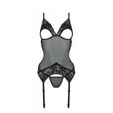 Корсет с подвязками и ажурным лифом, стринги в комплекте, черный Passion Christa Corset Black, L/XL