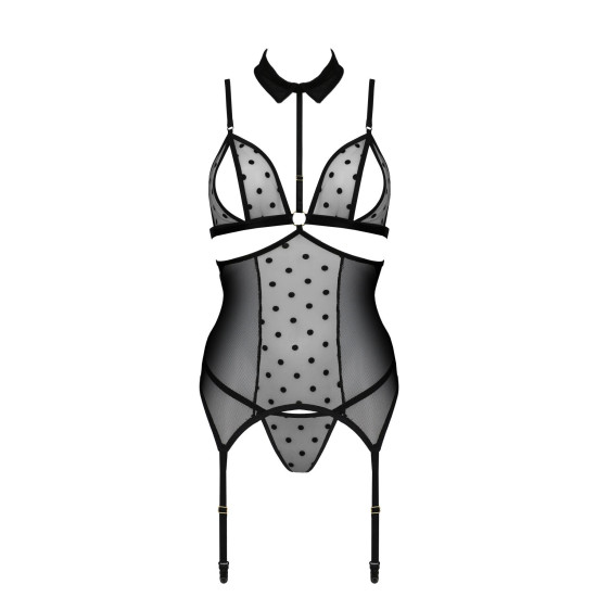 Корсет с открытой грудью, пажами для чулок и стрингами, чёрный Passion Dominica Corset Black, S/M