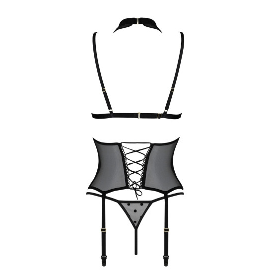 Корсет с открытой грудью, пажами для чулок и стрингами, чёрный Passion Dominica Corset Black, S/M