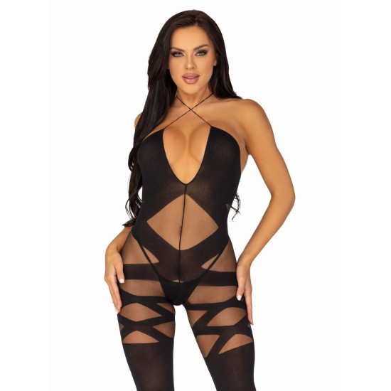 Бодістокінг з відкритим доступом, чорний Leg Avenue Illusion Halter Bodystocking Black, One Size