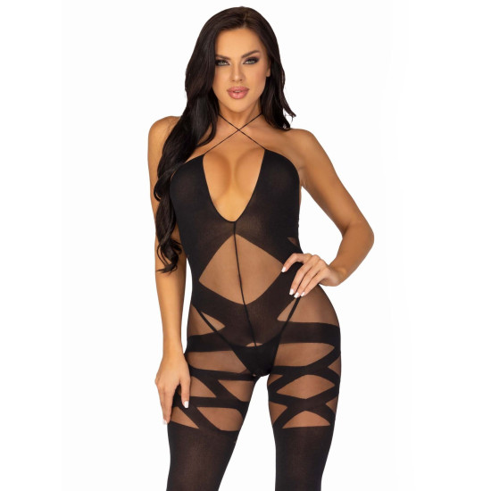 Бодістокінг з відкритим доступом, чорний Leg Avenue Illusion Halter Bodystocking Black, One Size