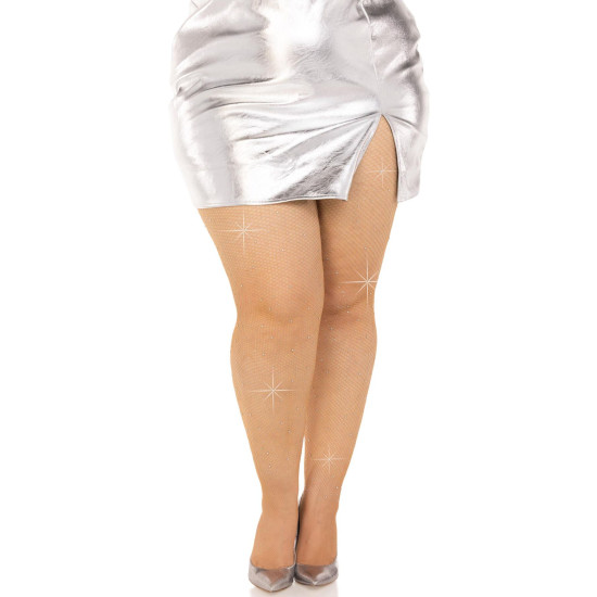 Колготки из мелкой сетки со стразами, карамельные Leg Avenue Rhinestone Micro Net Tights Caramel, Plus Size