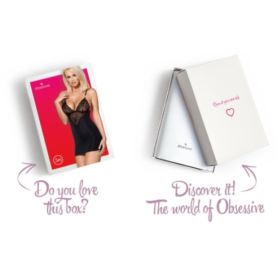Сатиновий комплект для сну з мереживом Obsessive 828-CHE-1 chemise & thong S/M (пом'ята упаковка!!!)