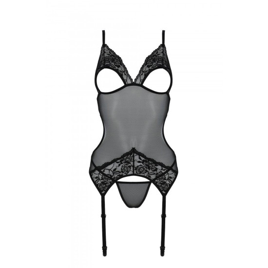 Корсет с подвязками и ажурным лифом, стринги в комплекте, черный Passion Christa Corset Black, S/M