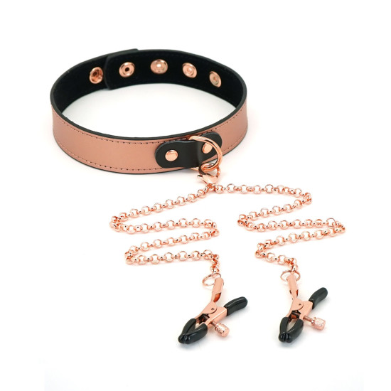 Нашийник із затискачами для сосків зі шкіри Liebe Seele Rose Gold Memory Collar with Nipple Clamps