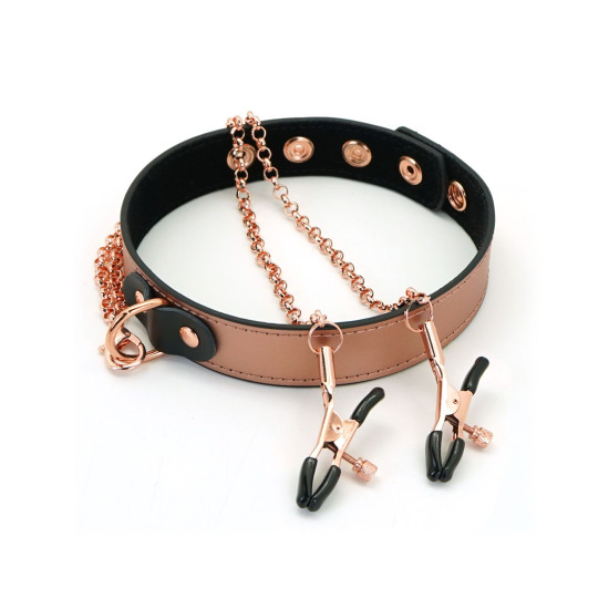 Нашийник із затискачами для сосків зі шкіри Liebe Seele Rose Gold Memory Collar with Nipple Clamps
