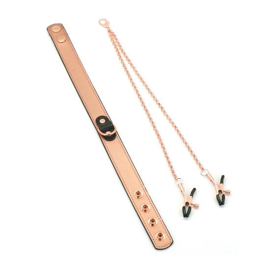 Нашийник із затискачами для сосків зі шкіри Liebe Seele Rose Gold Memory Collar with Nipple Clamps