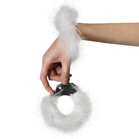 Металлические наручники для секса с белой пушистой отделкой Adrien Lastic Handcuffs White