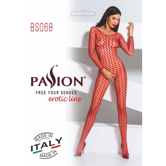Бодістокінг-комбінезон, велика сітка, довгий рукав, червоний Passion BS068 Red