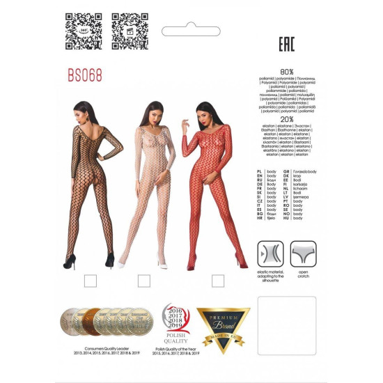Бодістокінг-комбінезон, велика сітка, довгий рукав, червоний Passion BS068 Red