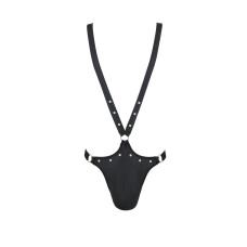 Чоловіче боді з люверсами з екошкіри на лямках, чорне Passion 028 Harry Black, L/XL