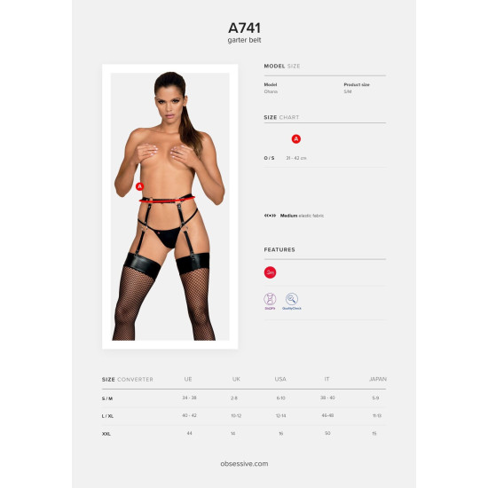Пояс для панчіх зі штучної шкіри, чорний Obsessive A741 Garter Belt Black, O/S