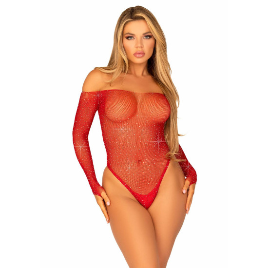 Сетчатое боди со стразами, красное Leg Avenue Crystalized Fishnet Bodysuit Red, One Size
