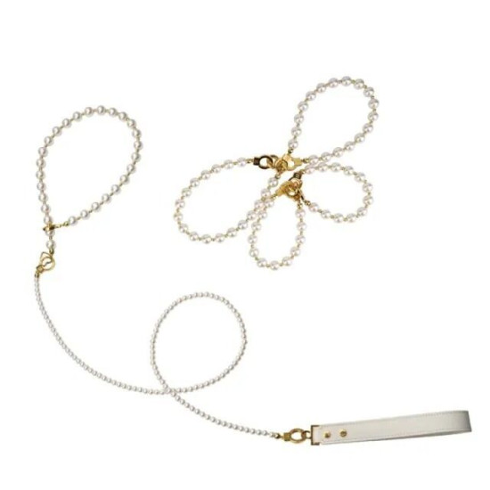 Нашийник з повідцем і наручниками, перловий Lockink Pearl Bondage & Restraint Set