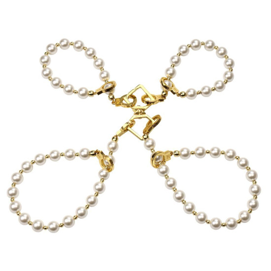 Нашийник з повідцем і наручниками, перловий Lockink Pearl Bondage & Restraint Set