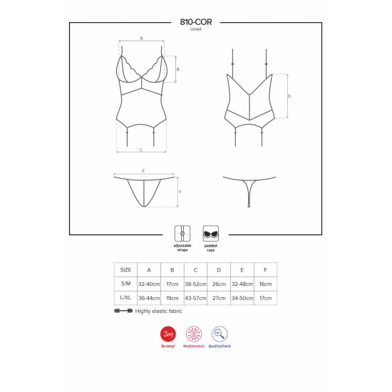 Сатиновый кружевной корсет с танга, чёрный Obsessive 810-COR-1 Babydoll & Thong Black, S/M