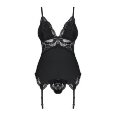 Сатиновый кружевной корсет с танга, чёрный Obsessive 810-COR-1 Babydoll & Thong Black, S/M