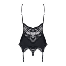Сатиновый кружевной корсет с танга, чёрный Obsessive 810-COR-1 Babydoll & Thong Black, S/M