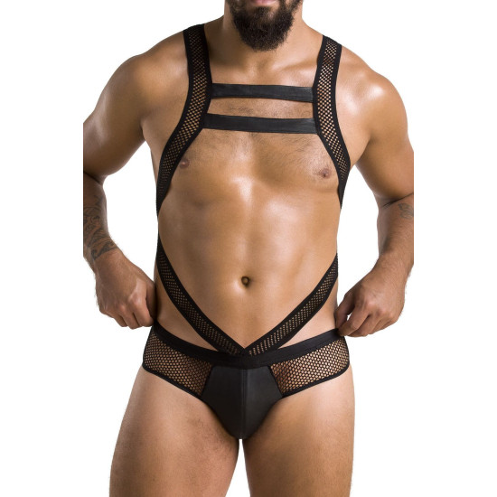 Эротическое сетчатое боди из экокожи и сетки, черное Passion 045 Victor Black, L/XL