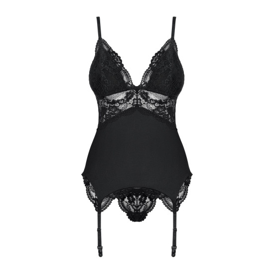 Сатиновый кружевной корсет с танга, чёрный Obsessive 810-COR-1 Babydoll & Thong Black, L/XL